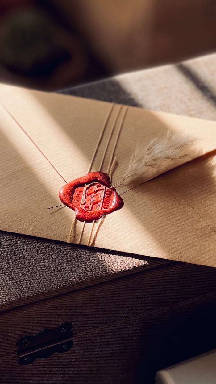 A close-up of a vintage-style envelope with a wax seal, bathed in natural sunlight.